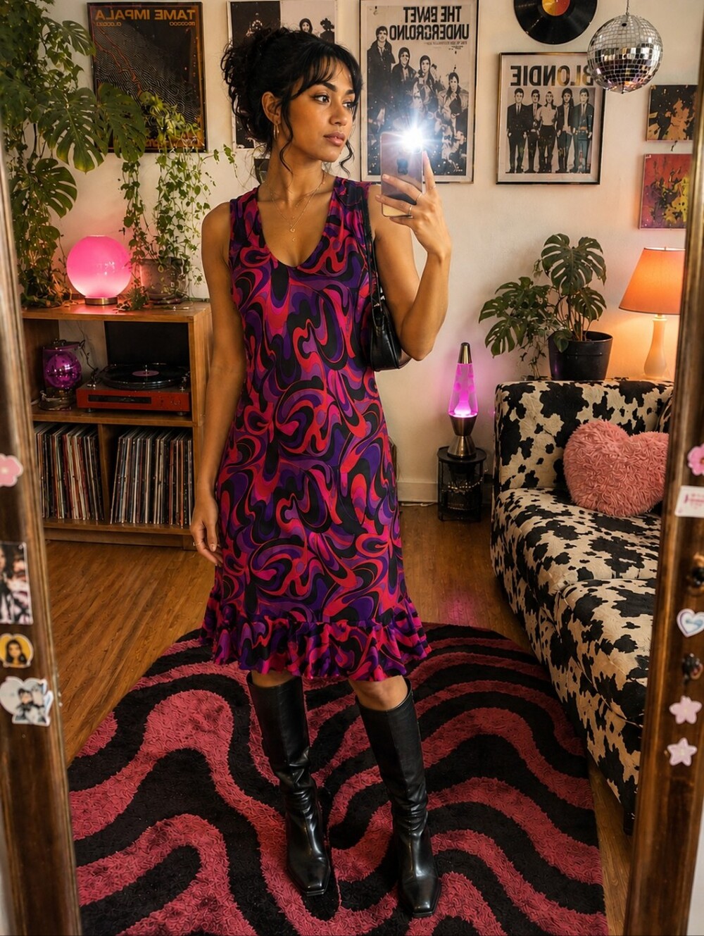 Vintage 80s Black Slip Dress Silk Purple Ruffle Hem Retro Psychedelic Size 4